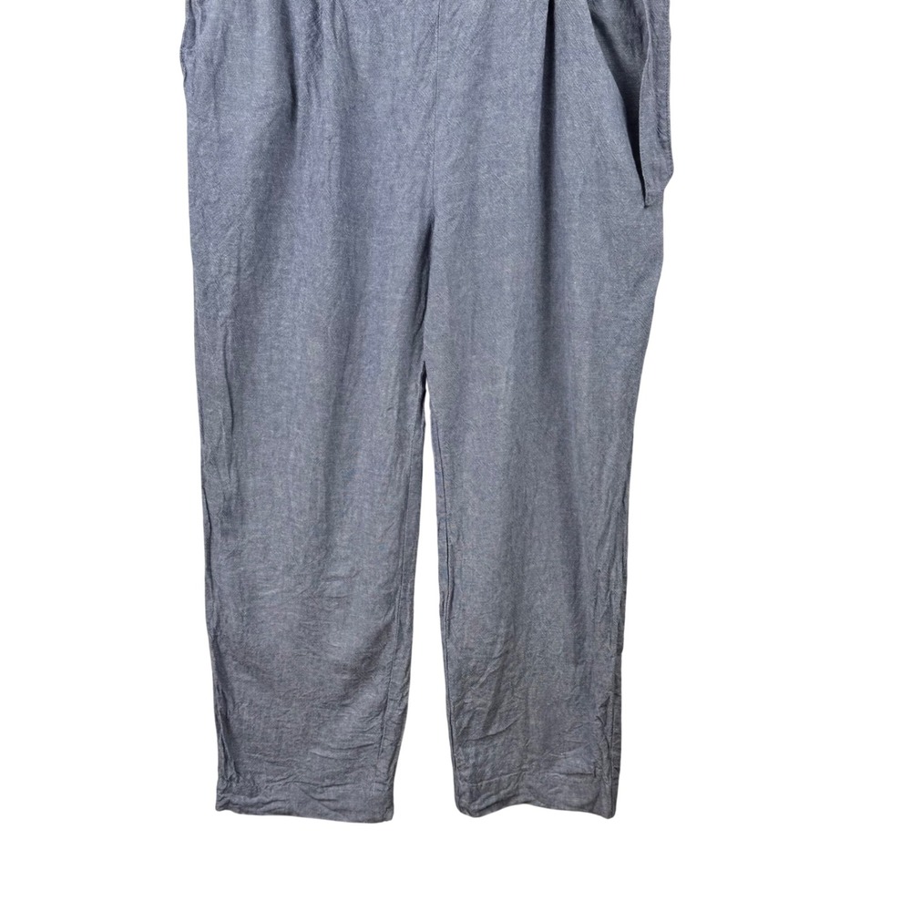 Anne Klein Paperbag Waist Pants Womens Large Blue Linen Blend Belted Casual Chic - Picture 6 of 13